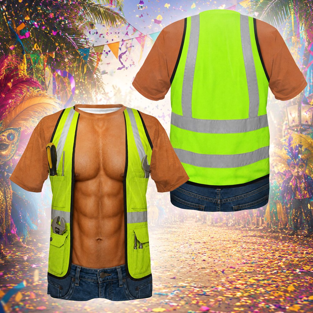 Orange high-vis vest design on the polyester t-shirt