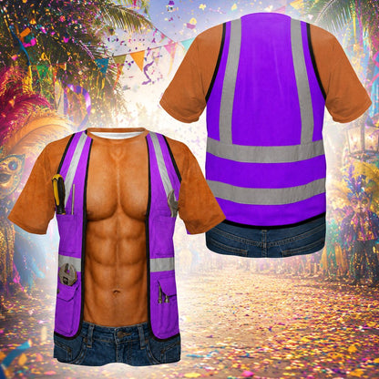 Brightly colored construction vest graphic on the t-shirt