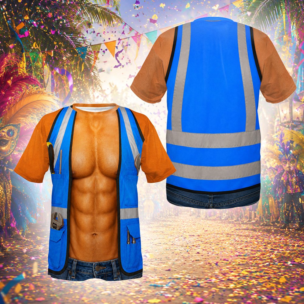 Detailed graphic of the funny mens t-shirt construction costume