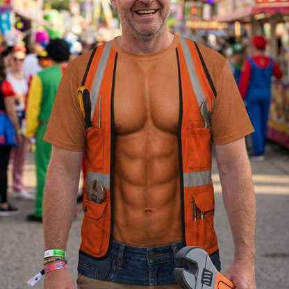 Back view of the funny construction worker Halloween t-shirt showing the orange safety vest.