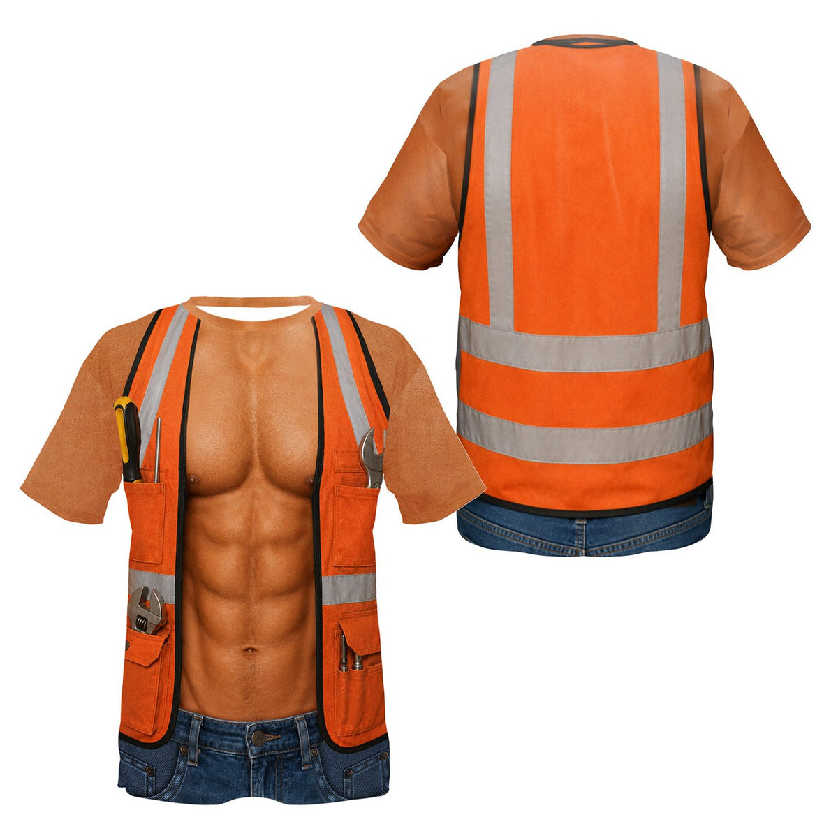 Close up of 3D printed tools in the orange safety vest pockets on a funny Halloween t-shirt.