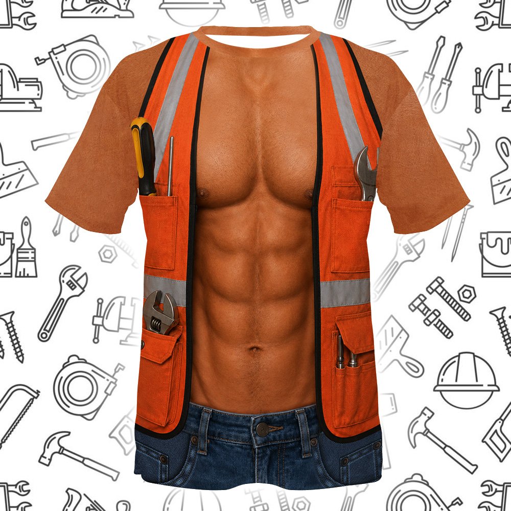 Detailed view of the muscular chest design on the funny mens t-shirt.