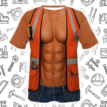 Detailed view of the muscular chest design on the funny mens t-shirt.