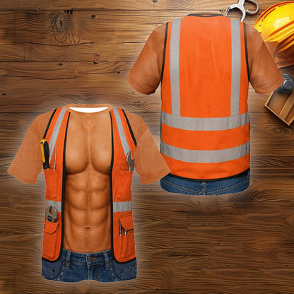 Lower section view showing printed blue jeans on the construction costume shirt.