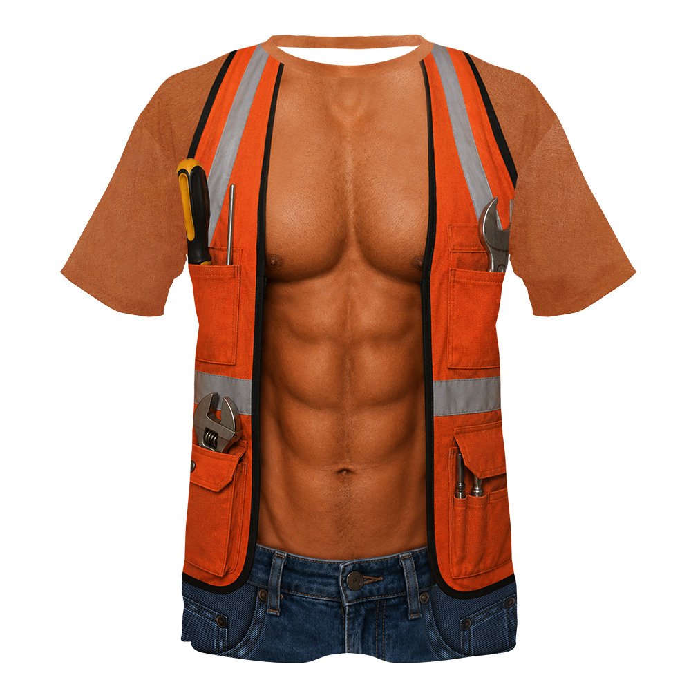 Mens t-shirt funny construction worker Halloween costume featuring a 3D muscular torso and orange safety vest, front view.