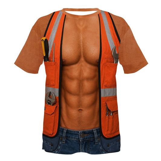 Mens t-shirt funny construction worker Halloween costume featuring a 3D muscular torso and orange safety vest, front view.
