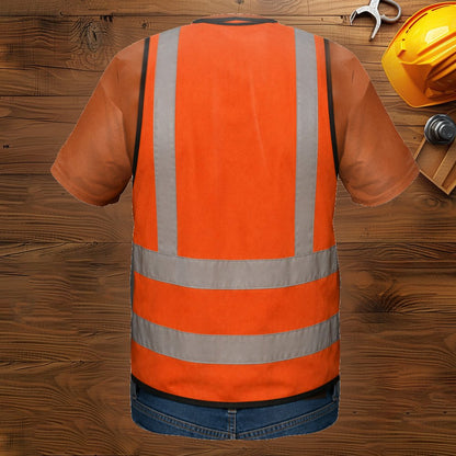 Adult showing off the matching family t-shirts construction worker design in a casual setting.