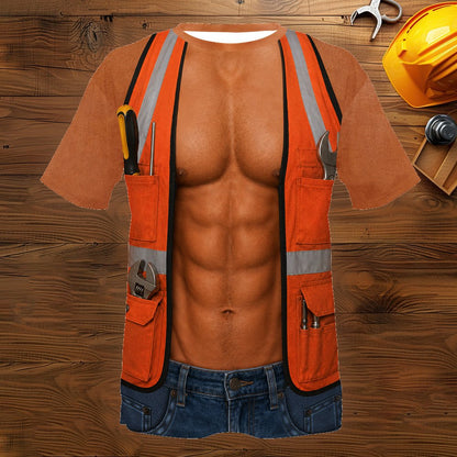 Adult wearing the funny Halloween construction worker t-shirt outdoors.