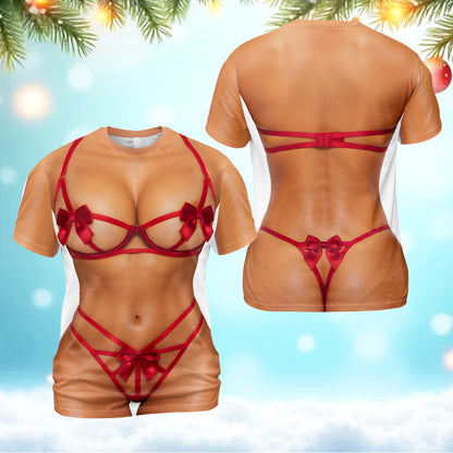 Alternate front view of the 3D red lingerie print t-shirt