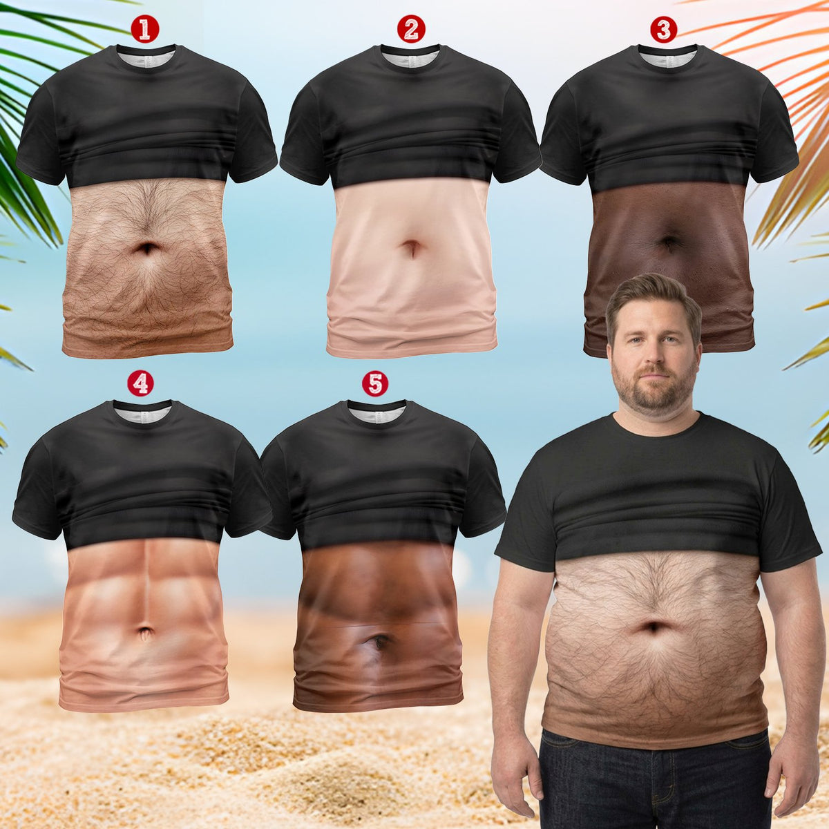 Funny t-shirt men with bare torso illusion design, alternate angle