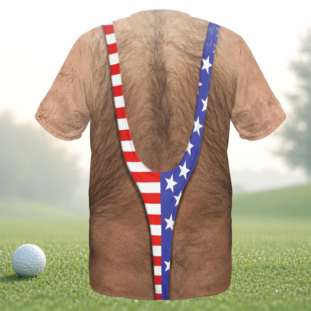 Back view of the funny USA t-shirt hairy torso design