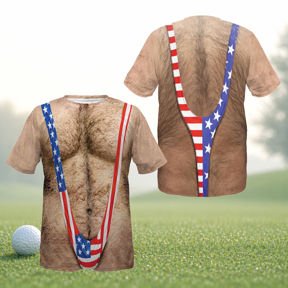 Front view 2 of the beige funny t-shirt with American flag mankini design