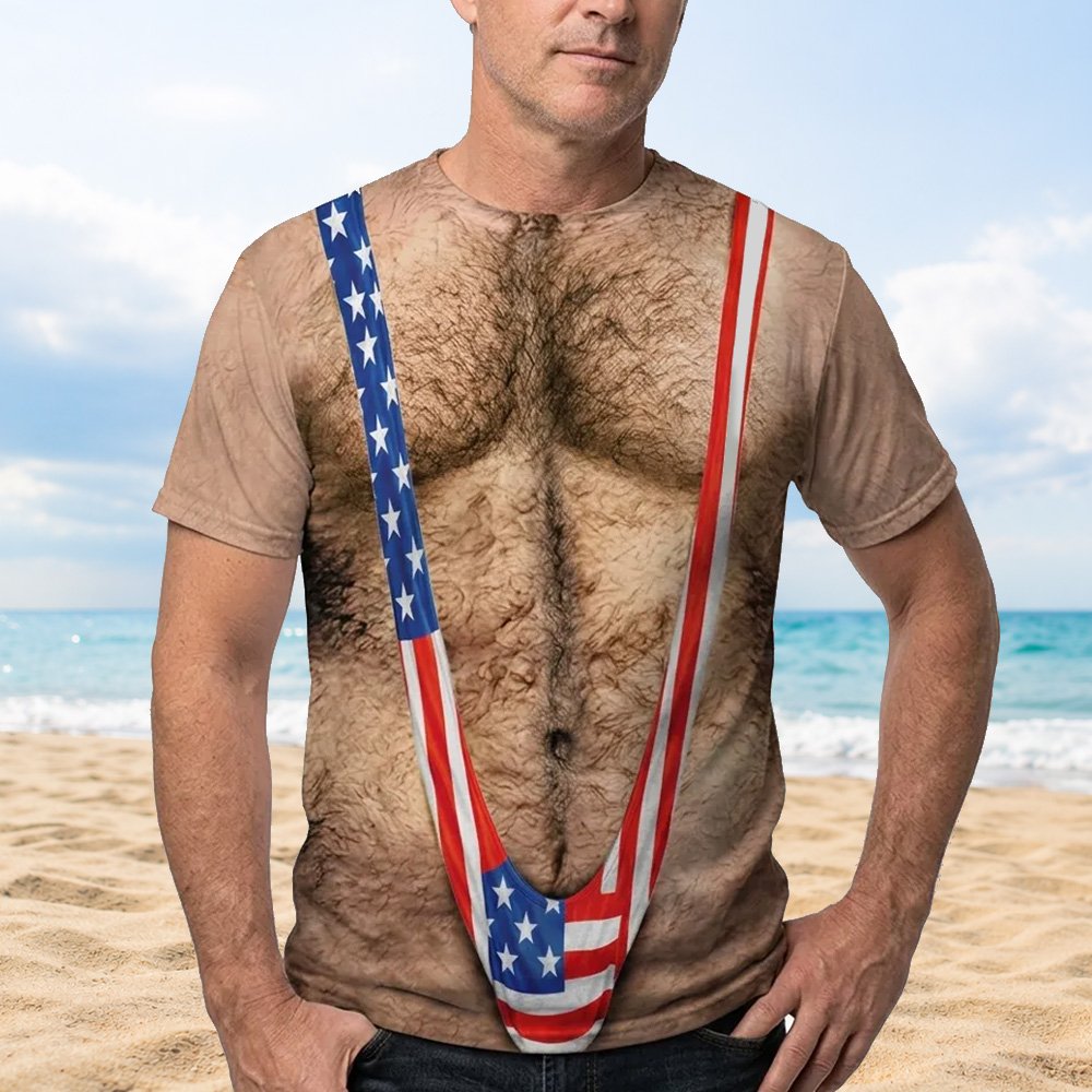 Front view 6 showing the detailed hairy chest and flag mankini print