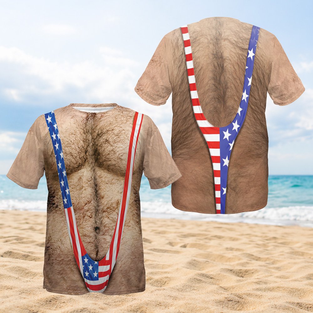 Front view of the funny USA t-shirt featuring a hairy chest print