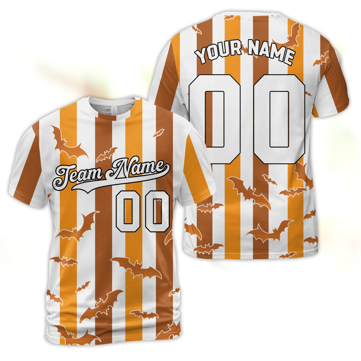 Close-up front view of the striped Halloween t-shirt