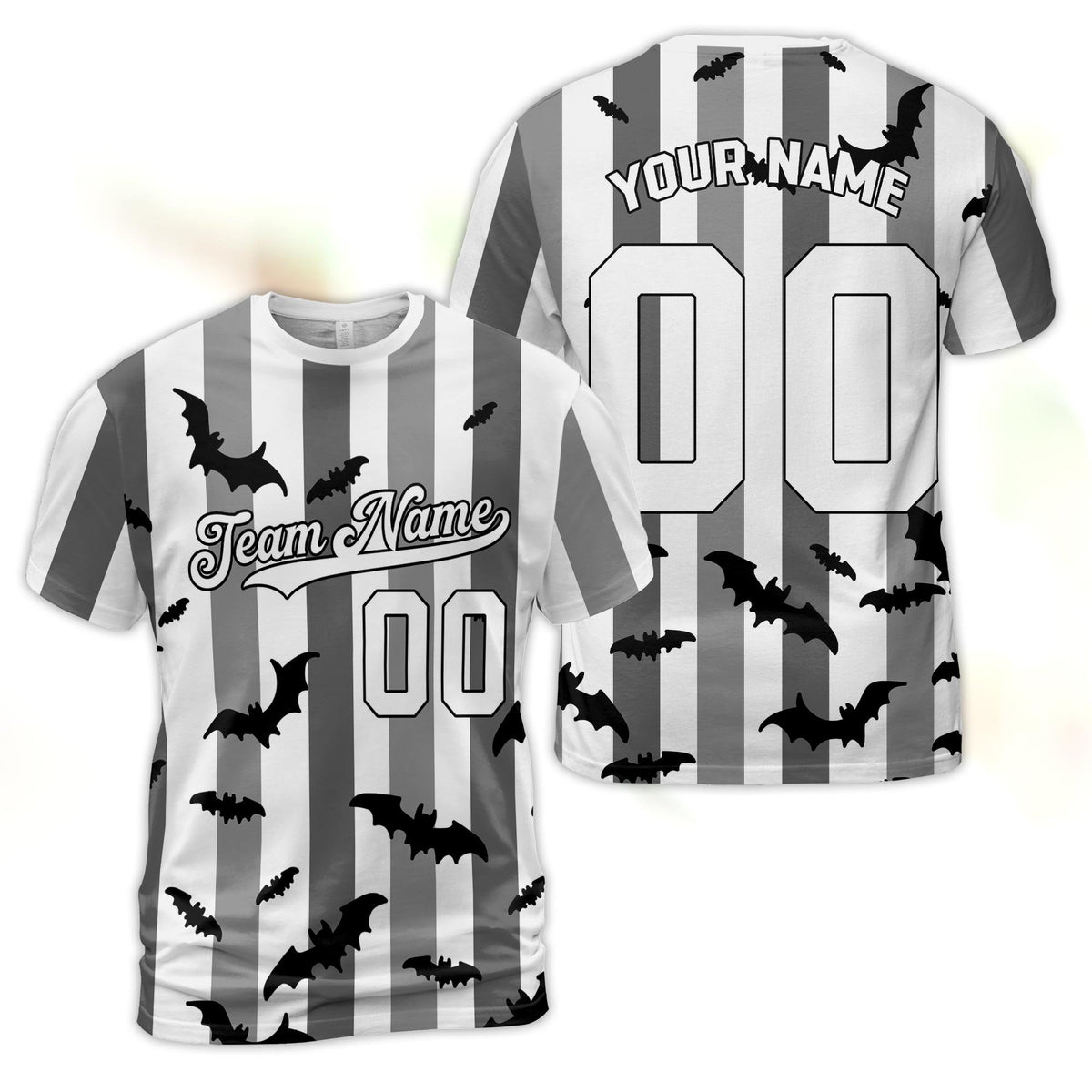 Additional front view of the white, purple, and orange bats t-shirt