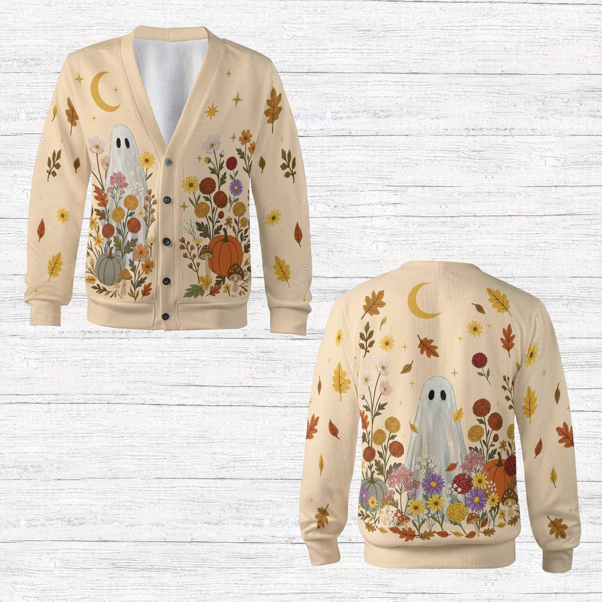 Halloween cardigan with ghost and fall leaves design, beige front view