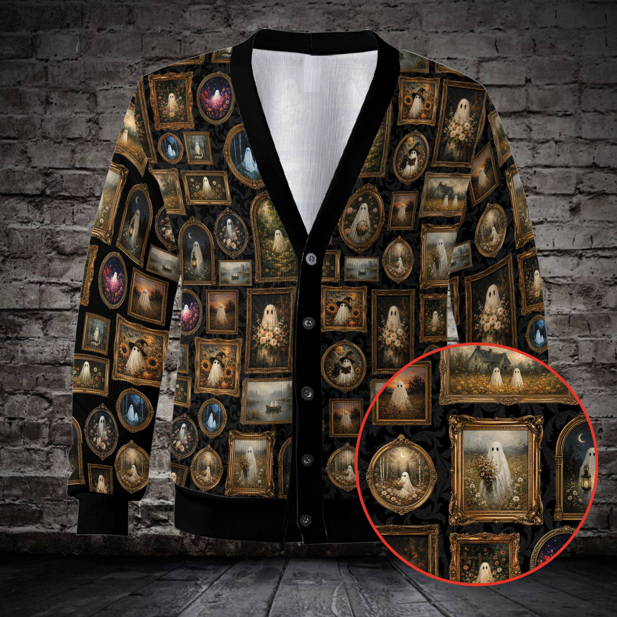 Lifestyle view of the beige halloween cardigan being worn