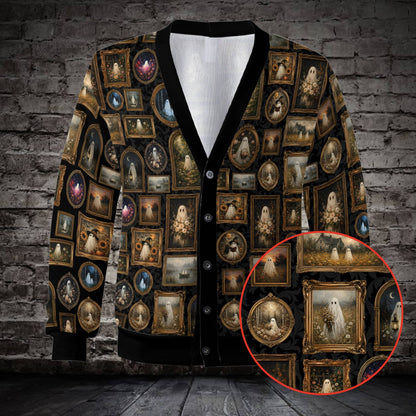 Lifestyle view of the beige halloween cardigan being worn
