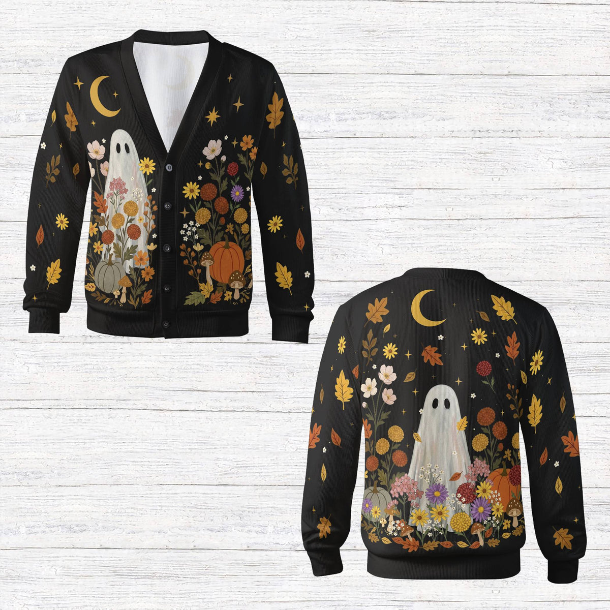 Vintage halloween cardigan style with ghosts, black front view