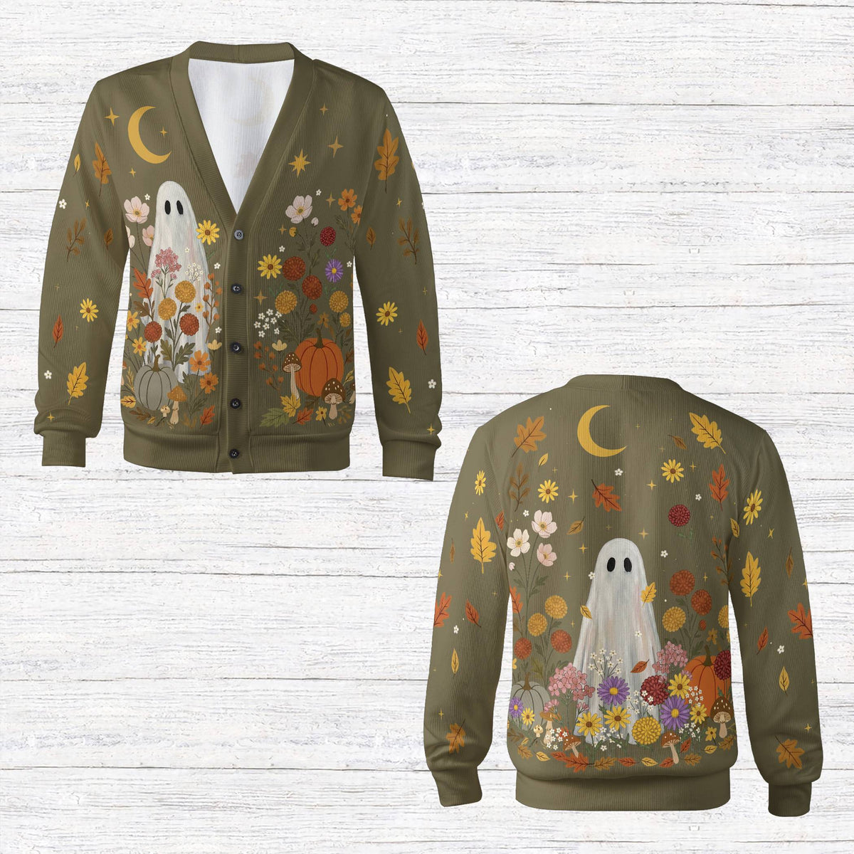 Plus size halloween cardigan with ghost and fall leaves design, green front view