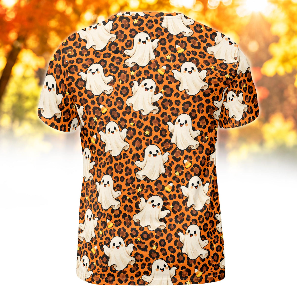 Halloween t-shirt mens with leopard ghost trompe l'oeil print, alternate back view 1