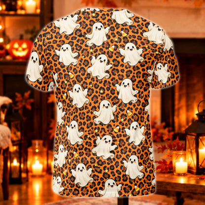 Halloween t-shirt mens with leopard ghost trompe l'oeil print, back view