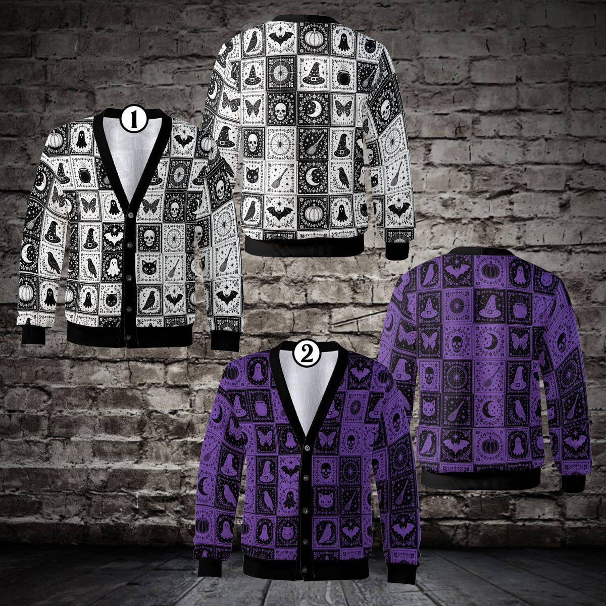 Close-up of the multicolor Halloween patchwork cardigan showing ghosts and bats design