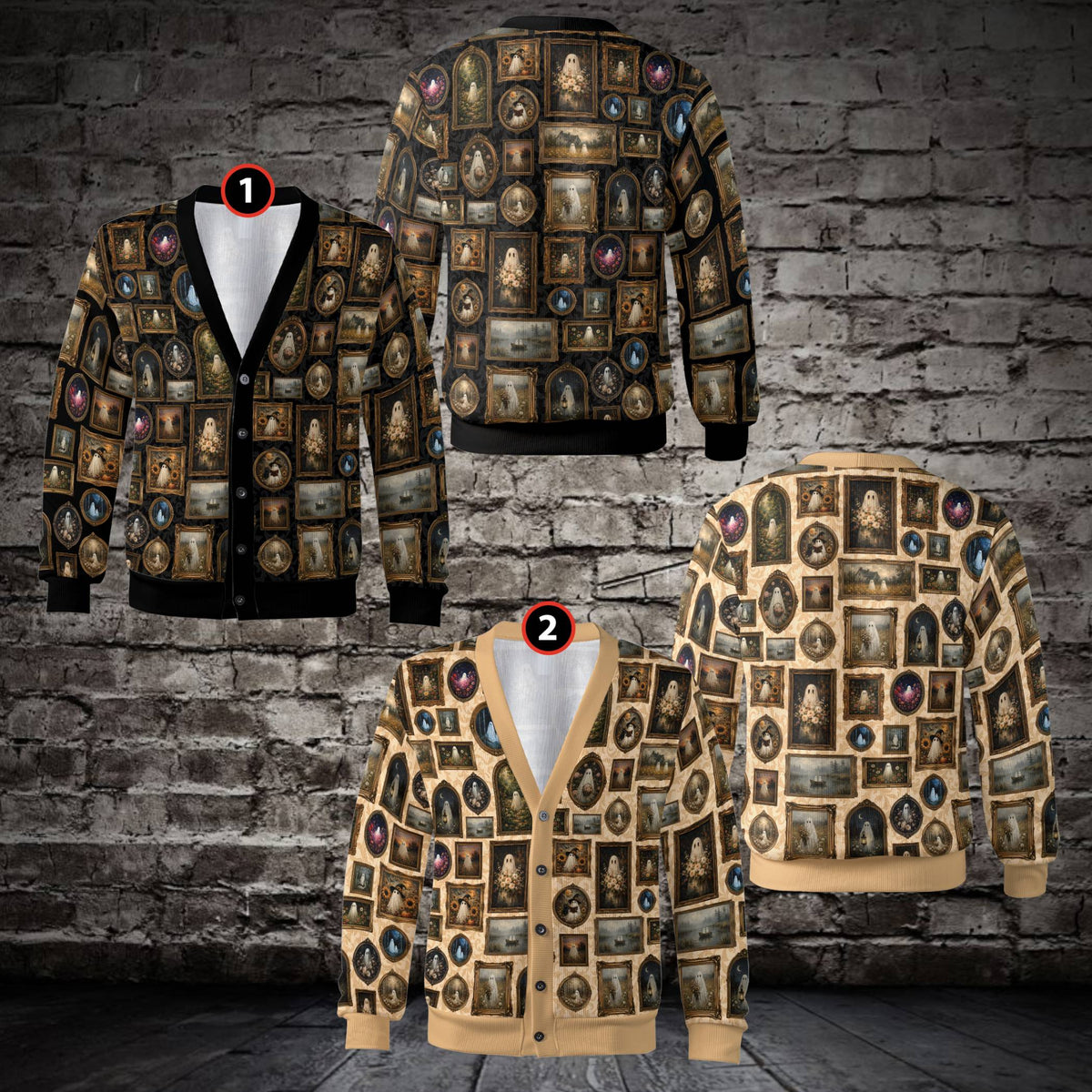 Halloween cardigan vintage style featuring framed ghost paintings on a black background, main view