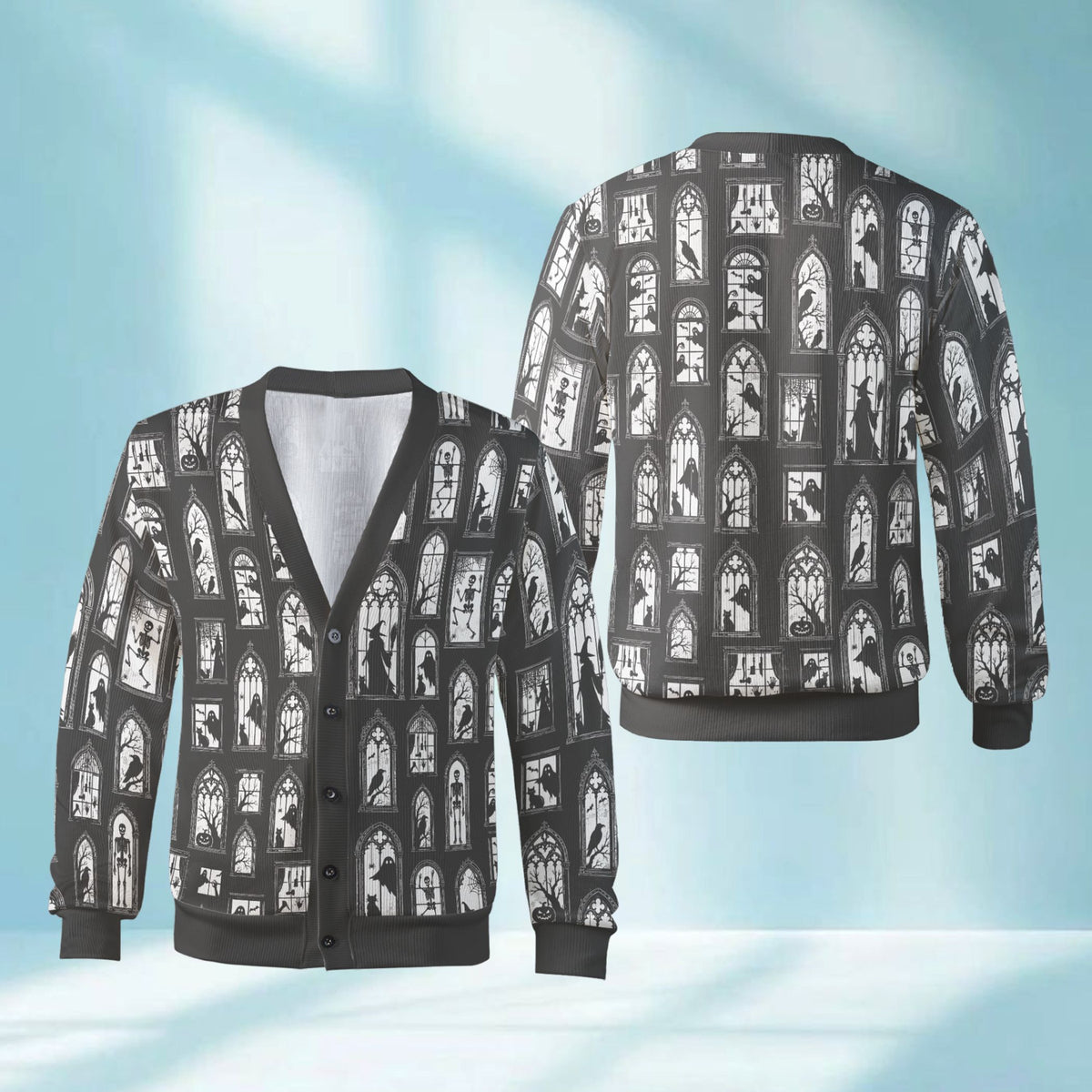 Espresso brown halloween cardigan with arched windows pattern, front view