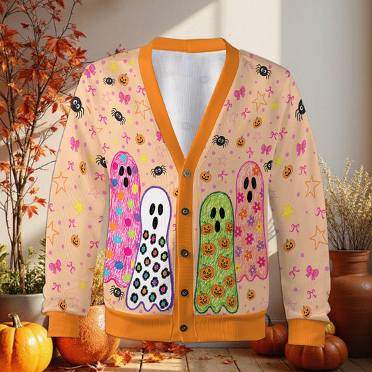 Close up of the halloween cardigan with polka dot and pumpkin ghosts