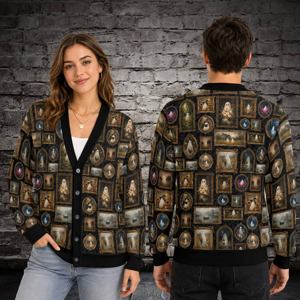 Alternate front view of the matching family cardigan with spooky gold frames