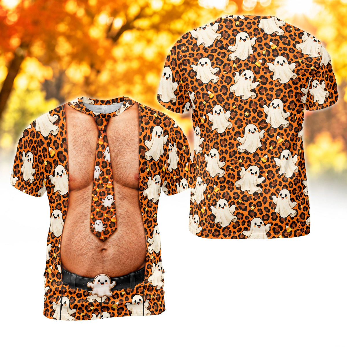 Halloween t-shirt mens with leopard ghost trompe l'oeil print, alternate front view 1