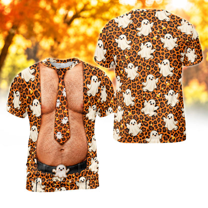 Halloween t-shirt mens with leopard ghost trompe l'oeil print, alternate front view 1