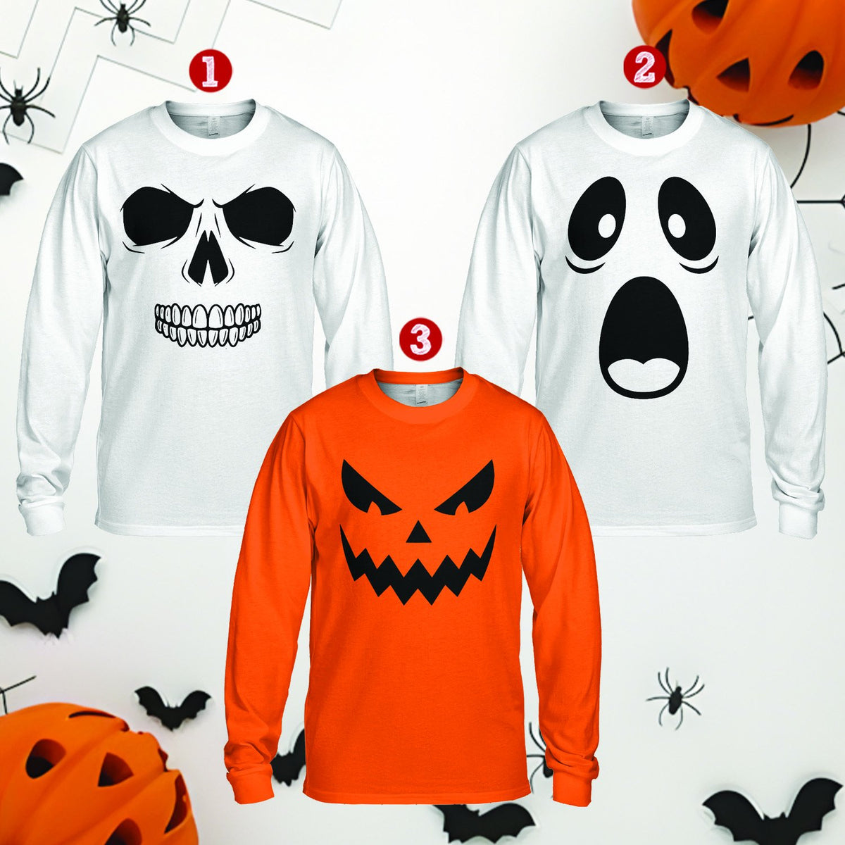 Group of adults wearing spooky Halloween t-shirts, front view