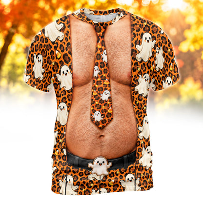 Halloween t-shirt mens with leopard ghost trompe l'oeil print, alternate front view 2