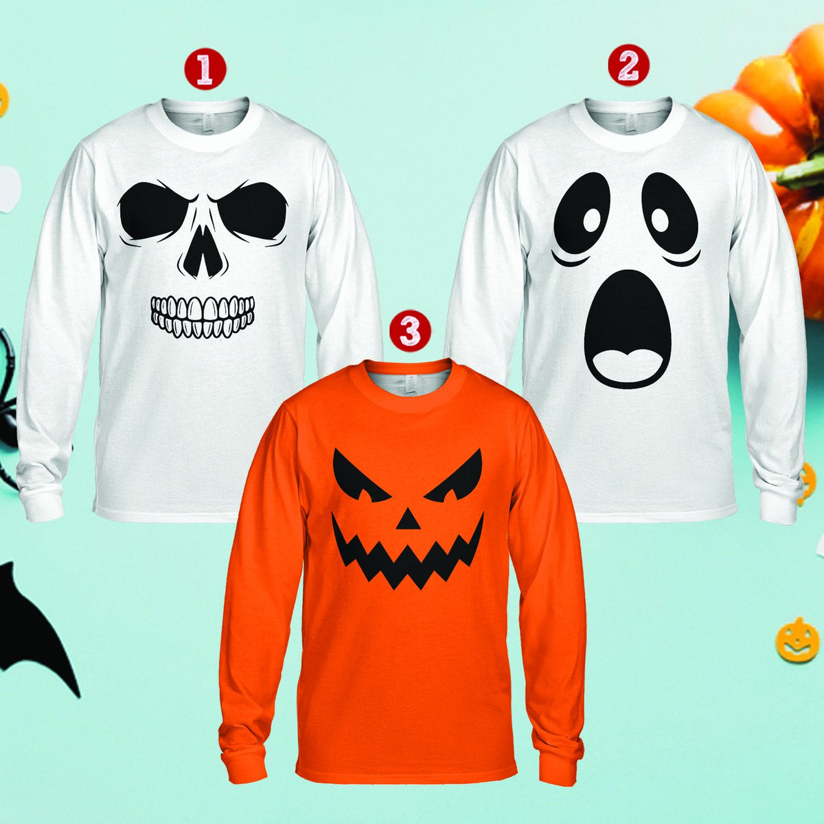 Halloween t-shirt with spooky expressions, alternate front view