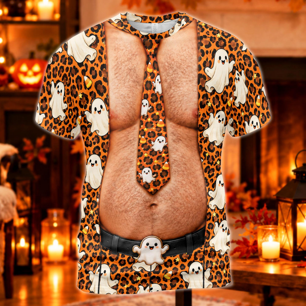 Halloween t-shirt mens with leopard ghost trompe l'oeil print, alternate front view 3