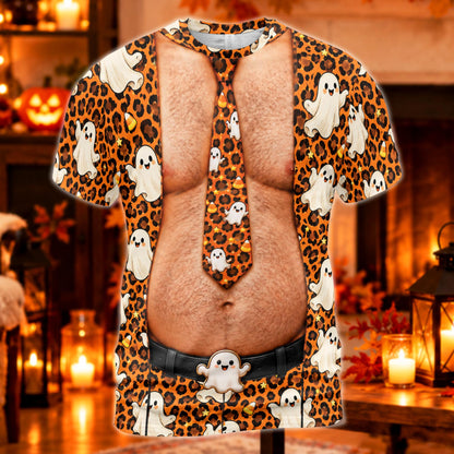Halloween t-shirt mens with leopard ghost trompe l'oeil print, alternate front view 3