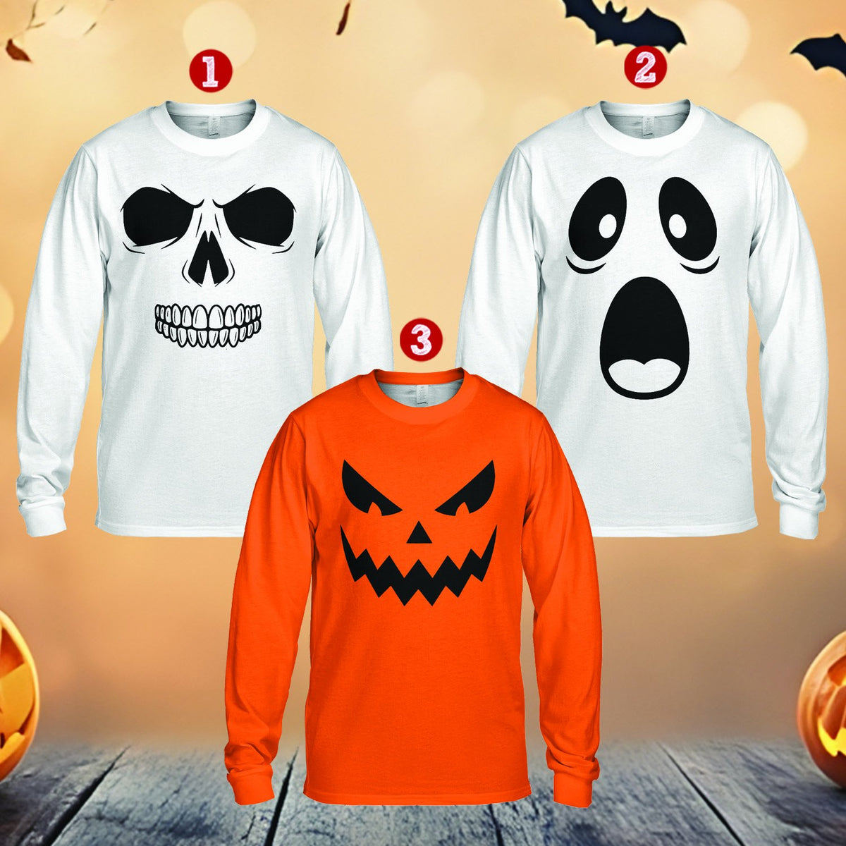 Solid color t-shirt with festive autumn graphics, front view