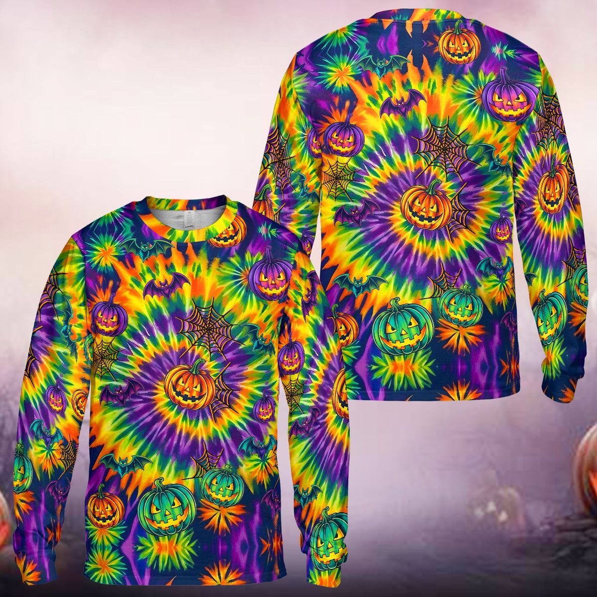 Vibrant halloween mens t-shirt featuring tie-dye pattern, jack-o'-lanterns, and bats, main view