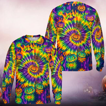 Vibrant halloween mens t-shirt featuring tie-dye pattern, jack-o'-lanterns, and bats, main view