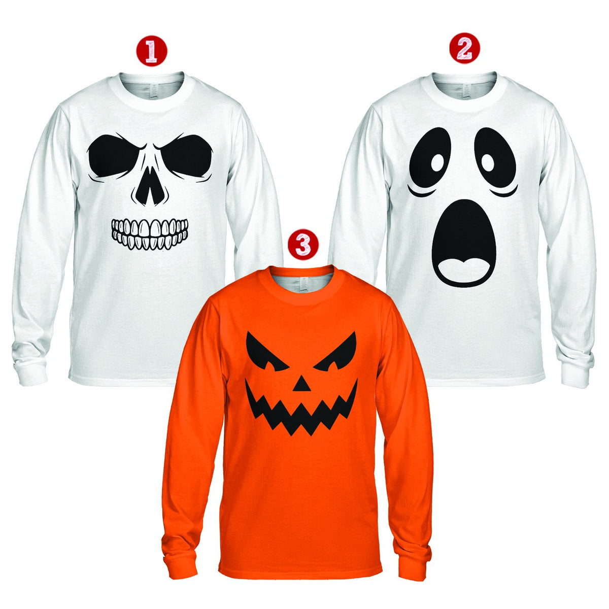 Matching family t-shirts with skull, spirit, and jack-o-lantern designs, front view
