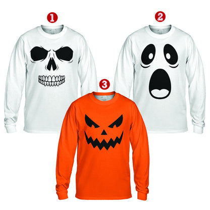Matching family t-shirts with skull, spirit, and jack-o-lantern designs, front view