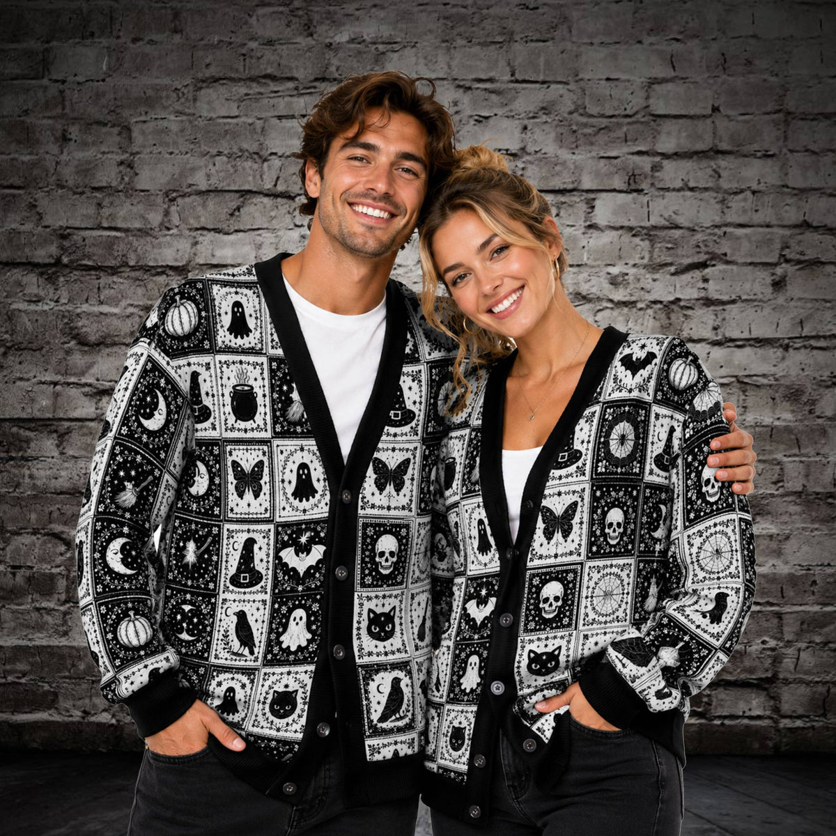 Lifestyle view of a family wearing the multicolor patchwork Halloween cardigans