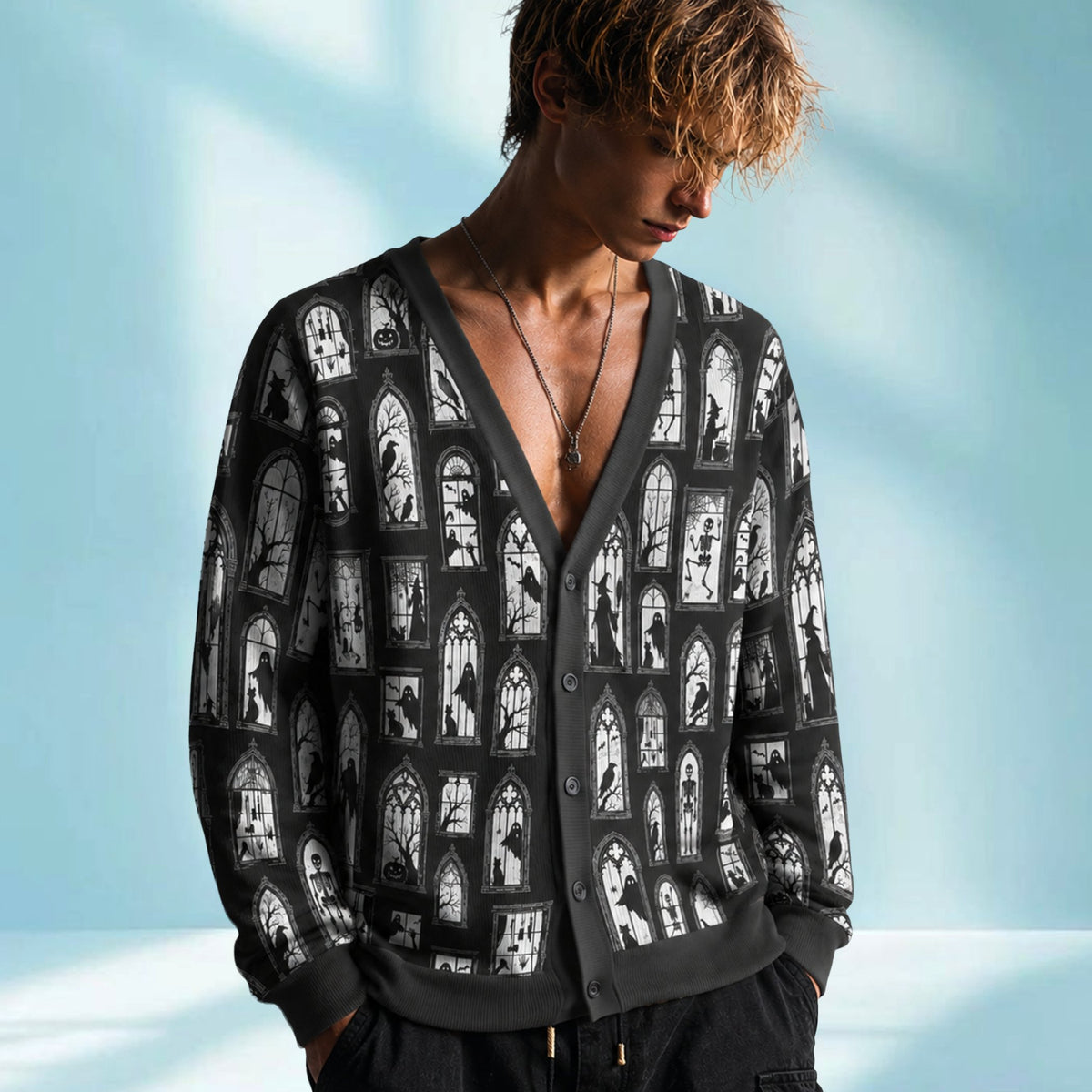 Lifestyle view of the vintage halloween cardigan worn at an autumn gathering