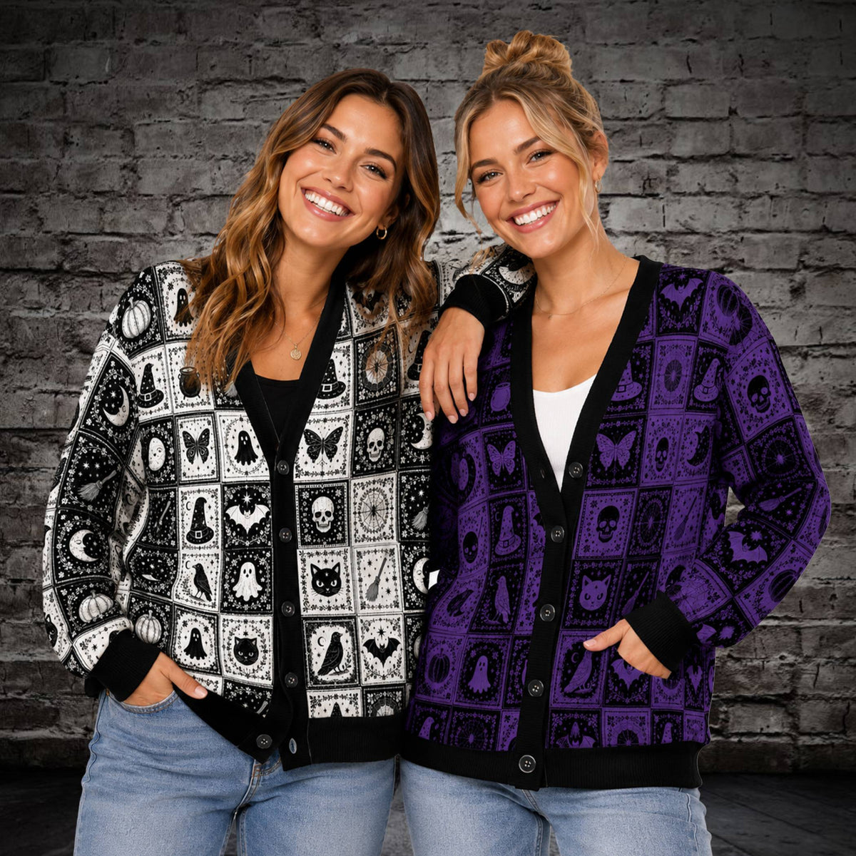 Another lifestyle view of individuals wearing the festive Halloween cardigans outdoors