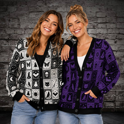 Another lifestyle view of individuals wearing the festive Halloween cardigans outdoors