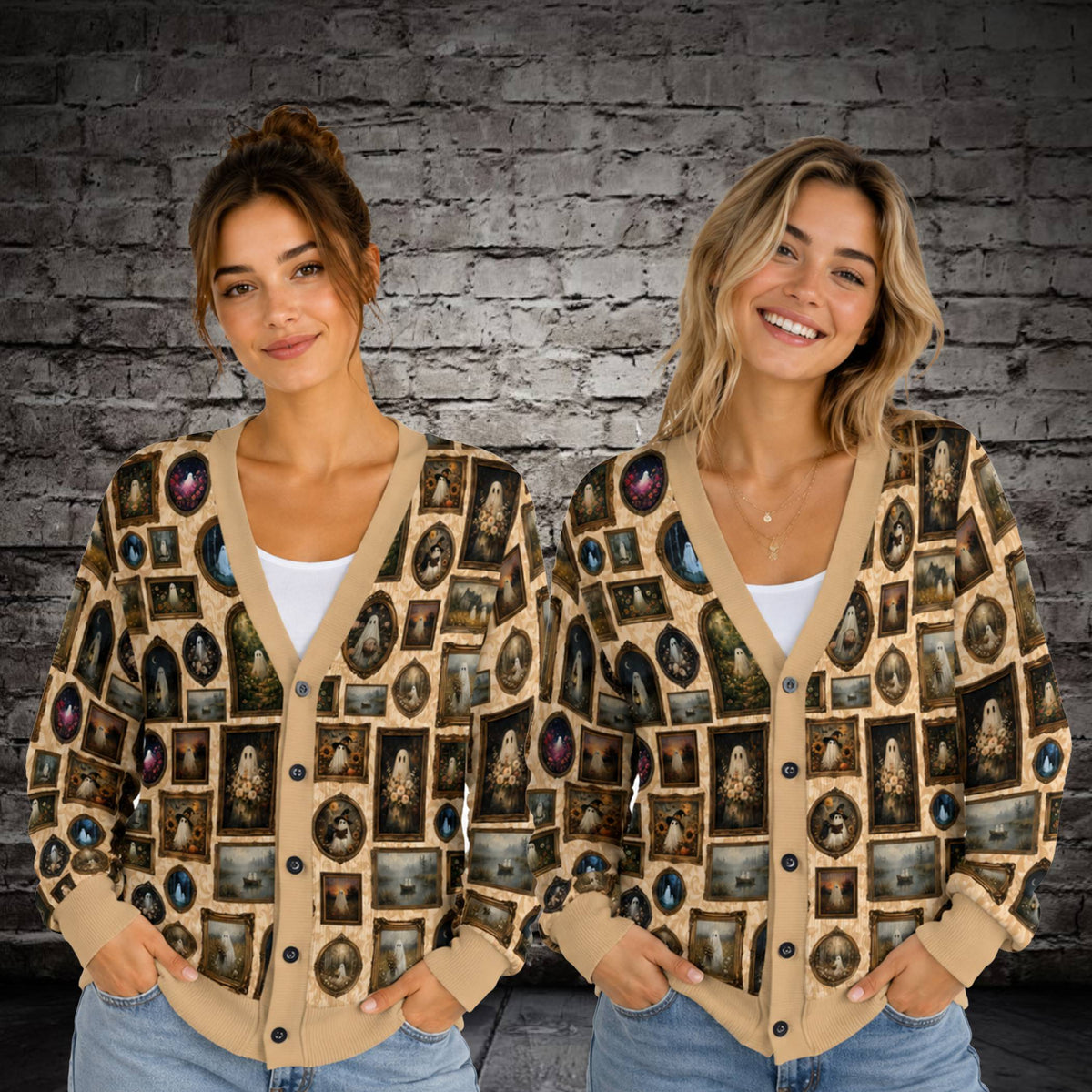 Second lifestyle view showcasing the vintage ghost gallery print cardigan