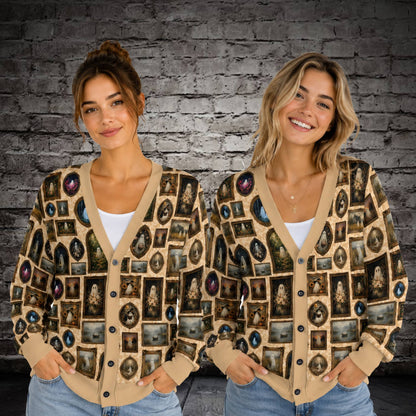 Second lifestyle view showcasing the vintage ghost gallery print cardigan